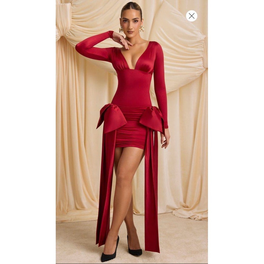 Oh Polly Karelyn Red Long Sleeve V-Neck Bow Mini Dress Size US 4 UK 8 Ruched